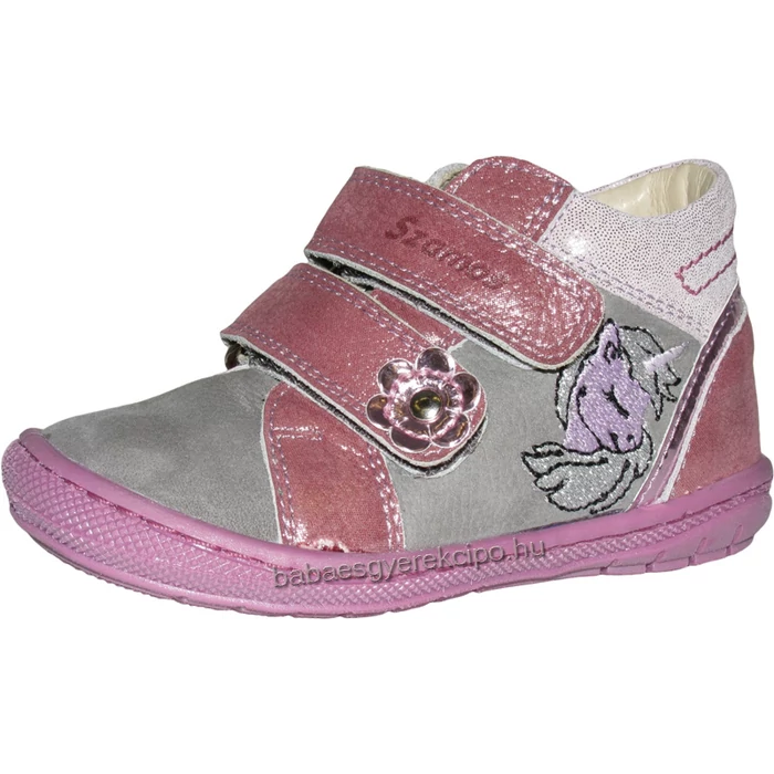 Szamos, szürke-pink, Unikornissal díszített, két tépőzáras átmeneti gyerekcipő lányoknak