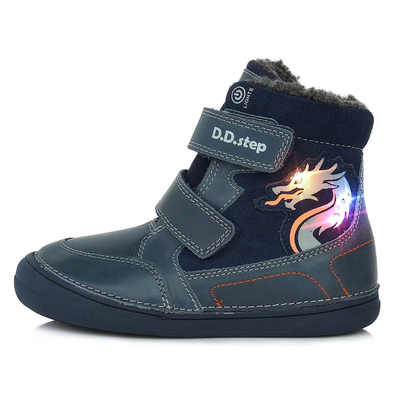 D.D.step, kék, sárkány mintás, VILLOGÓ, téli, bélelt, gyerekcipő fiúknak.