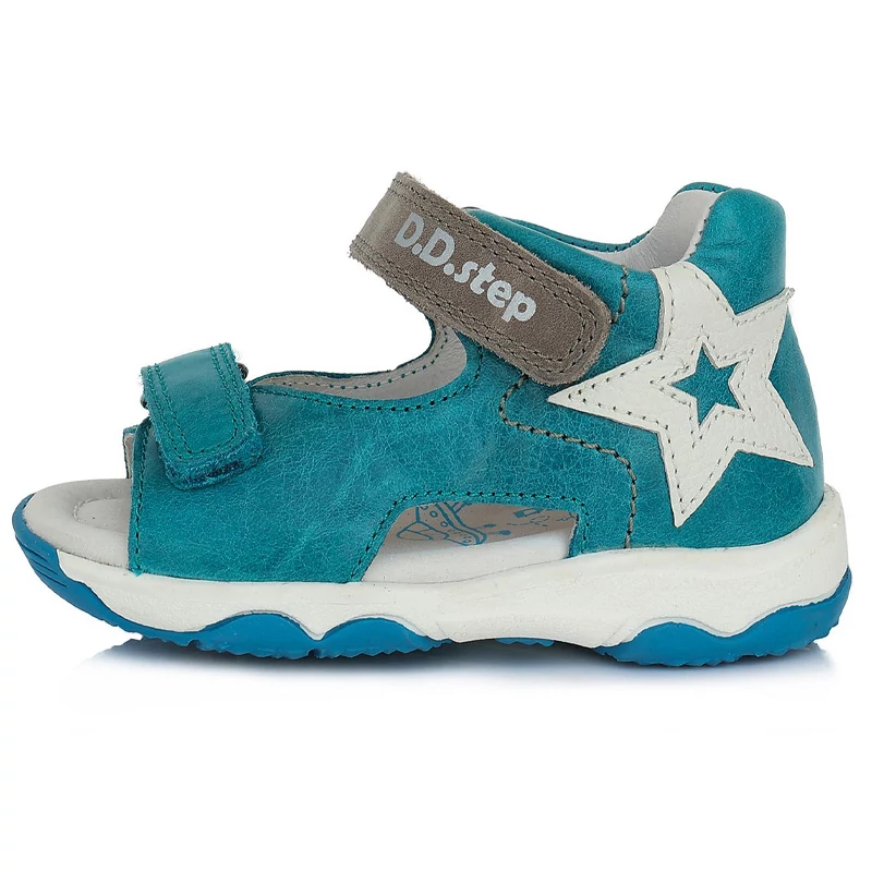 D.D.step, zöld színű, csillagos, fiú bőrszandál