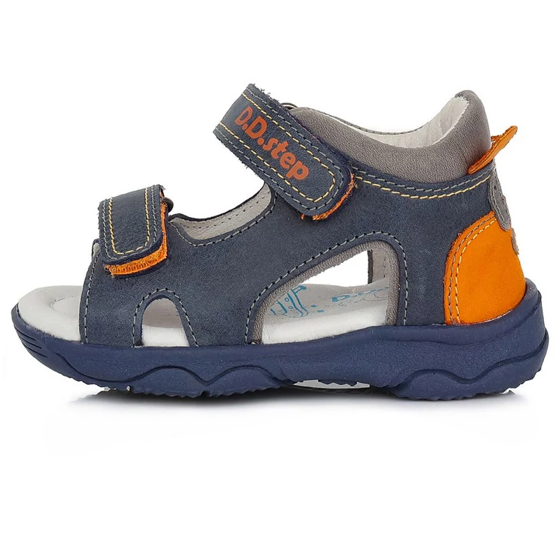 D.D.step, kék-narancssárga színű, maci mintával díszített, fiú gyerek bőrszandál