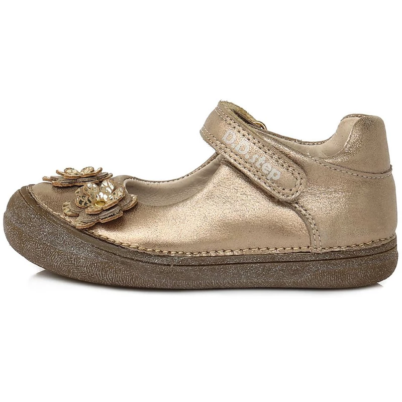 D.D.step, bronz színű, virágokkal díszített tavaszi gyerekcipő lányoknak.