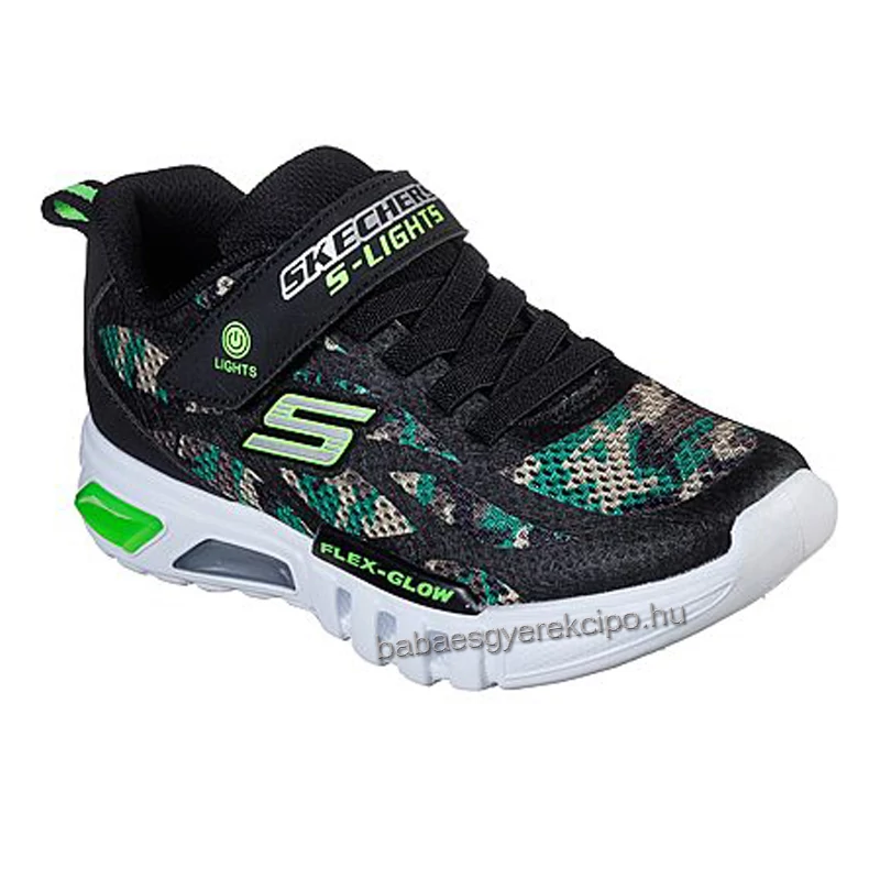 Skechers, fekete, terepmintás villogó talpú, sport cipő fiúknak.