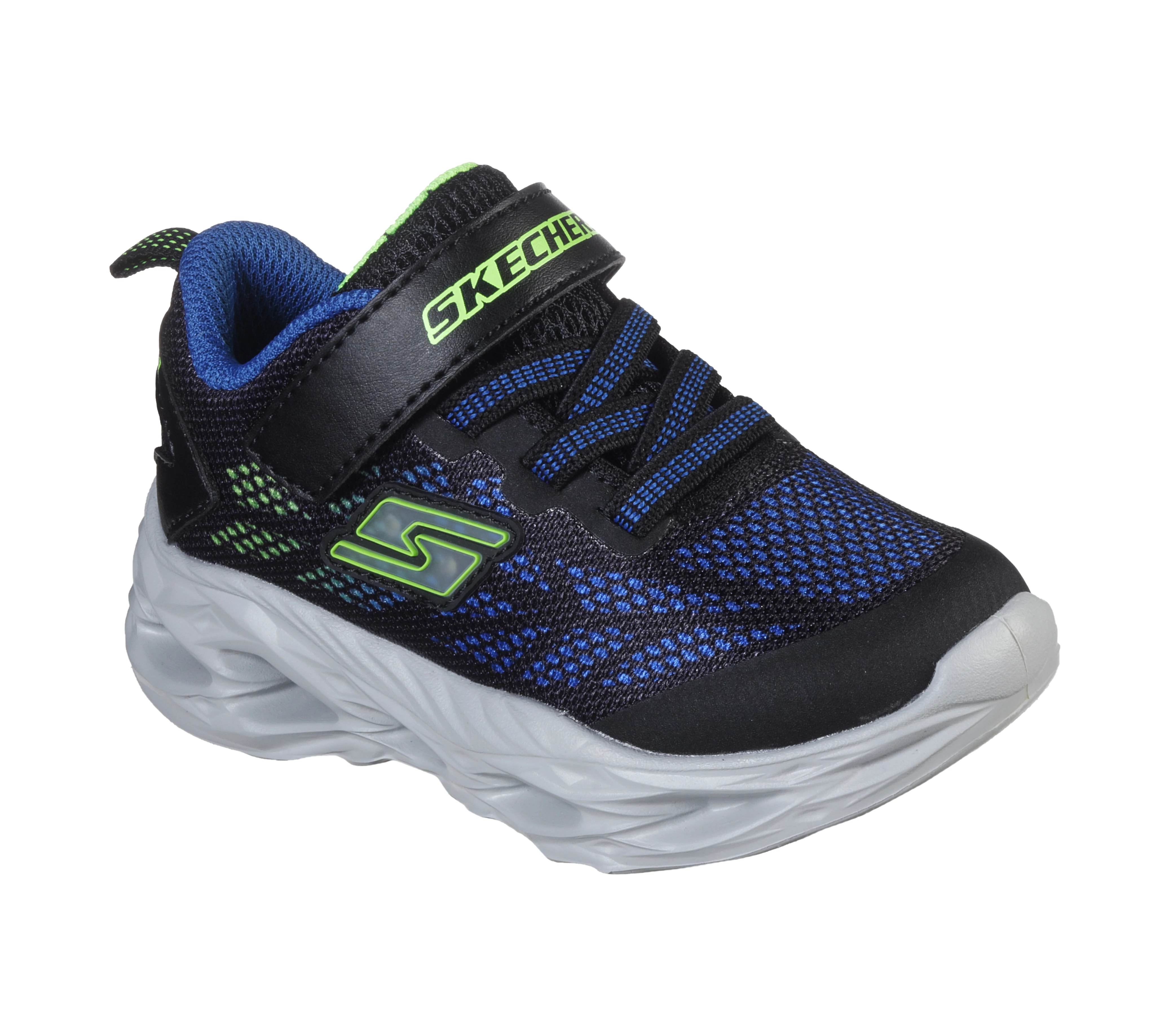 Skechers, fekete alapon kék-zöld színű, villogó talpú, sport cipő fiúknak.