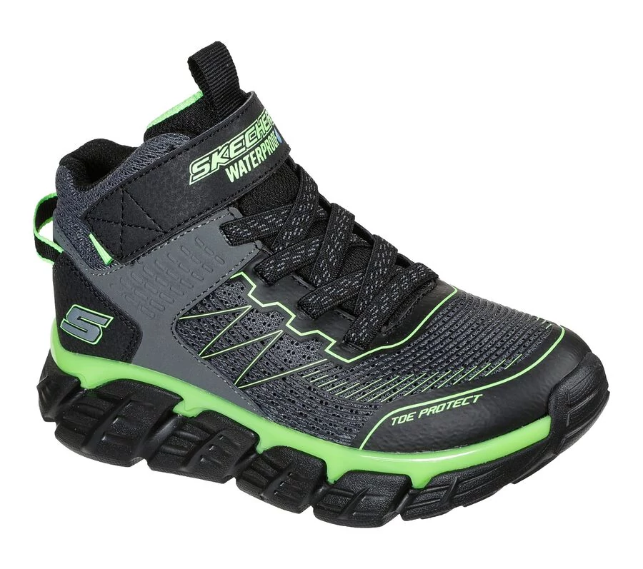 Skechers, szürke-zöld színű, vízálló, sportos, kétévszakos gyerekcipő fiúknak.