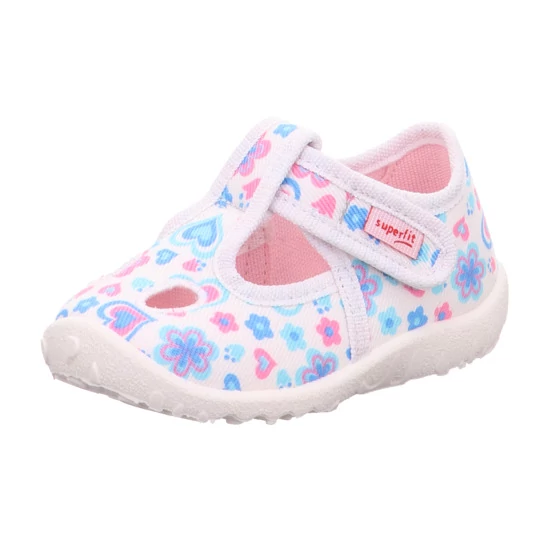 Superfit, fehér, virágokkal-szívecskékkel díszített, lány vászoncipő.