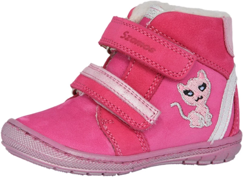Szamos, pink, hímzett cicával díszített, téli cipő lányoknak.