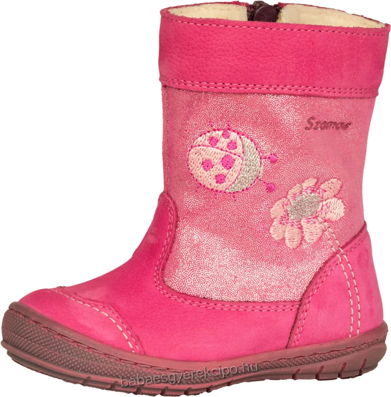 Szamos, rózsaszín színű, katicával és virággal díszített, bélelt csizma kislányoknak