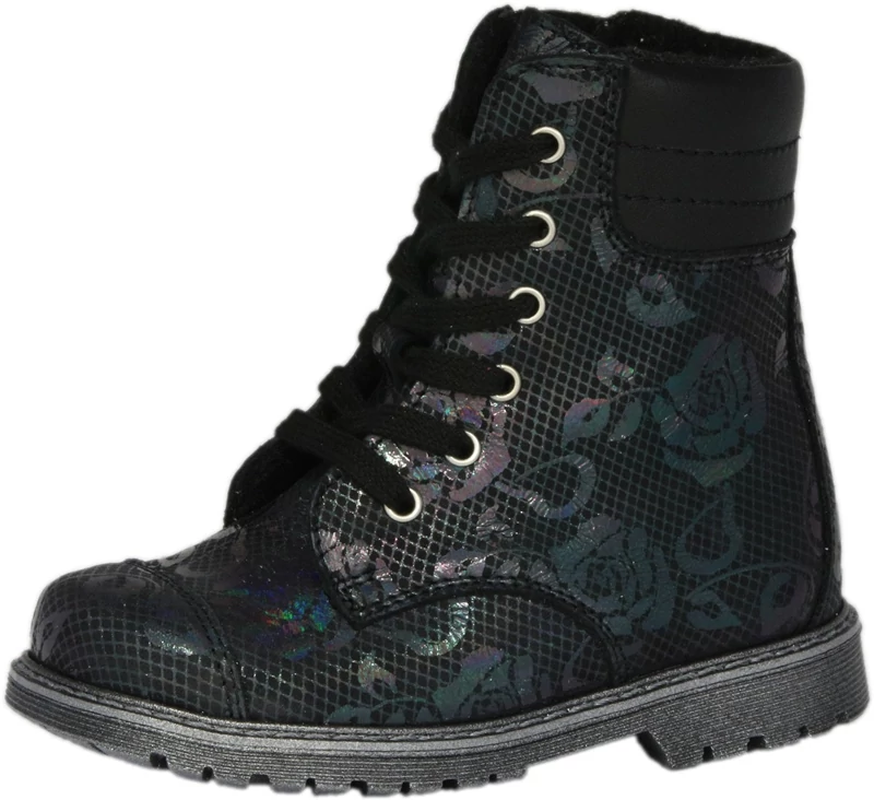 Szamos, fekete színű, rózsa mintával díszített téli cipő lányoknak.