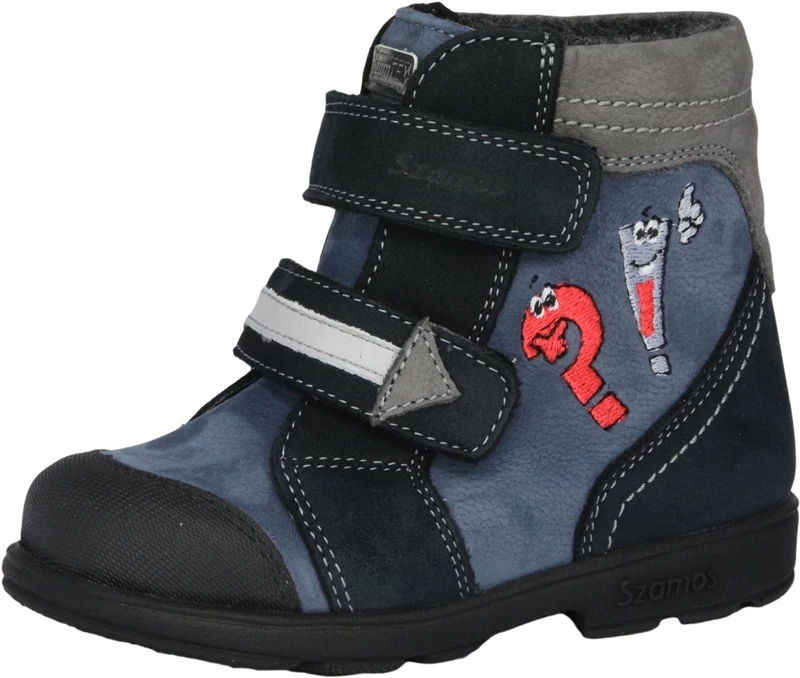 Szamos, supinált talpú, kék színű, hímzett figurával díszített, vízálló, téli bakancs fiúknak.