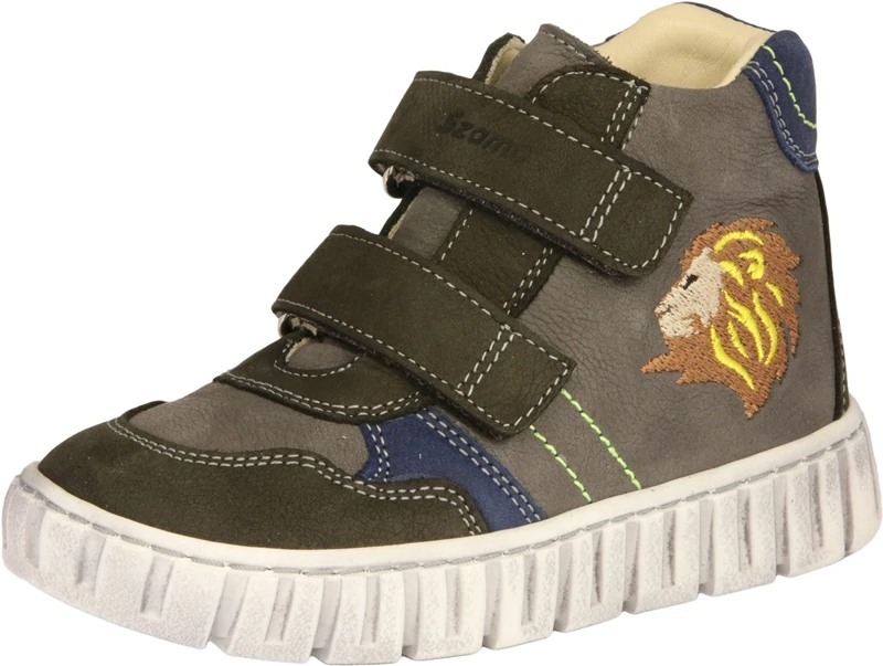 Szamos, barna-szürke ,hímzett oroszlánnal díszített átmeneti gyerekcipő fiúknak.