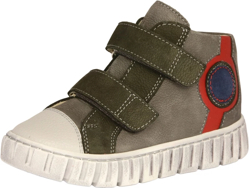 Szamos, zöld-szürke színű ,piros mintával díszített átmeneti gyerekcipő fiúknak.