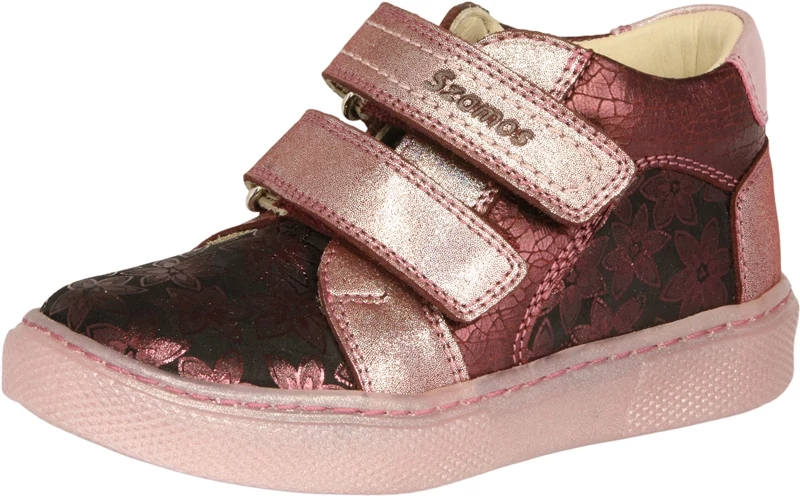 Szamos, rózsaszín-barna ,virág mintával díszített átmeneti gyerekcipő lányoknak.