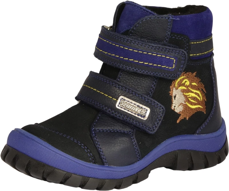 Szamos, kék, oroszlán mintával díszített, vízálló, téli bakancs fiúknak.
