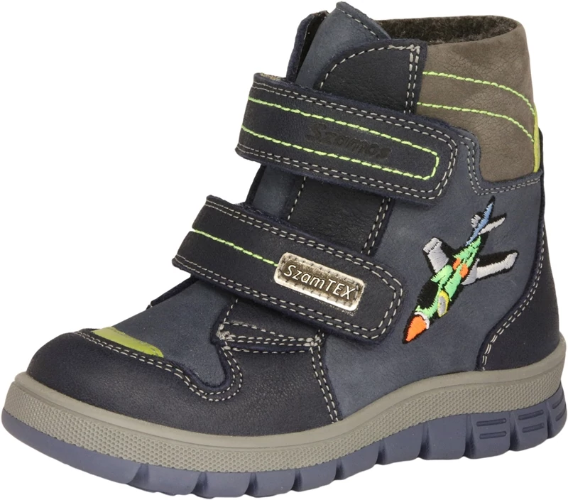 Szamos, kék, repülő mintával díszített, vízálló, téli bakancs fiúknak.