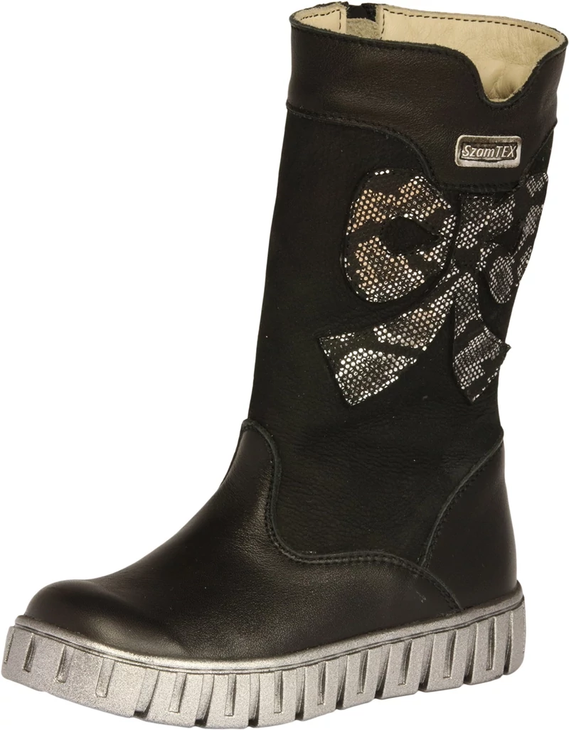 Szamos, fekete, masnival díszített, vízálló, téli csizma lányoknak.