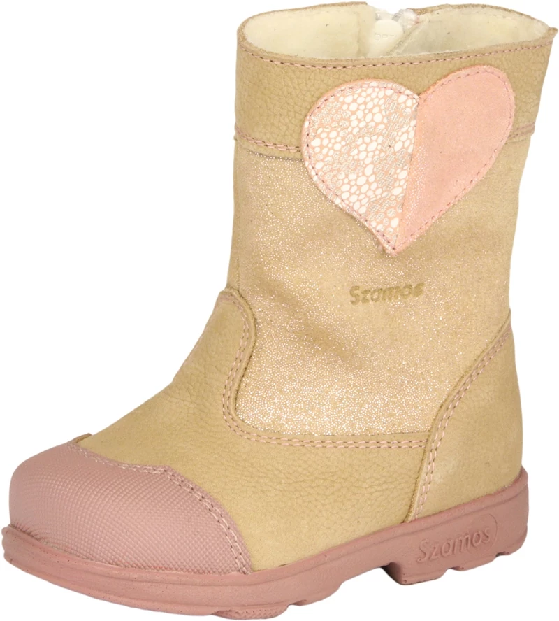 Szamos, supinált talpú, bézs színű, szívecskével díszített, téli csizma lányoknak.