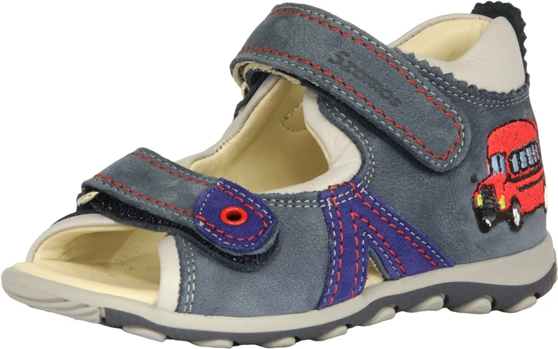 Szamos, világoskék-lila, hímzett iskolabusszal díszített  gyerekszandál fiúknak.