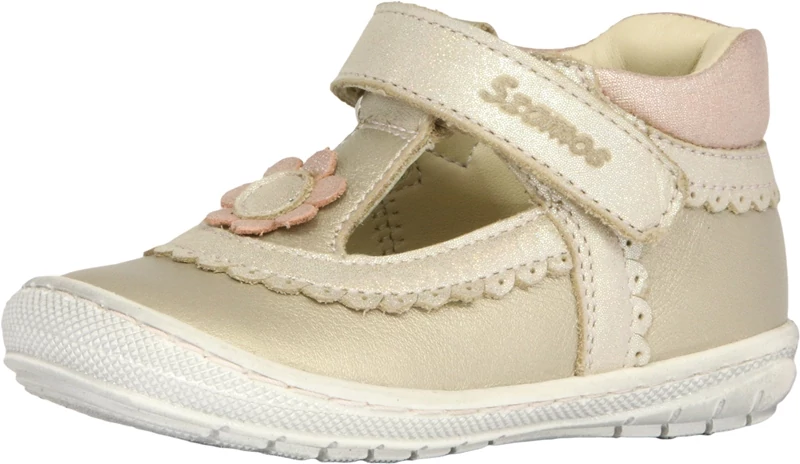 Szamos, pezsgő színű, virággal díszített tavaszi gyerekcipő lányoknak.