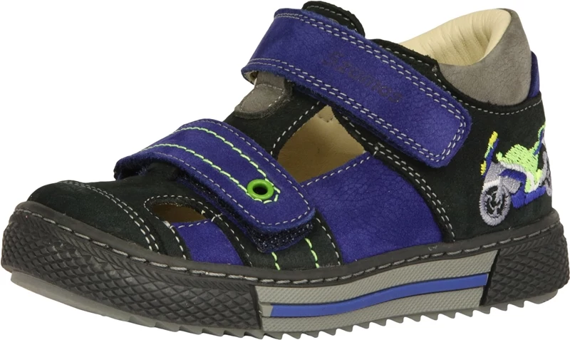 Szamos, fekete-kék színű, hímzett motorral díszített tavaszi gyerekcipő fiúknak.