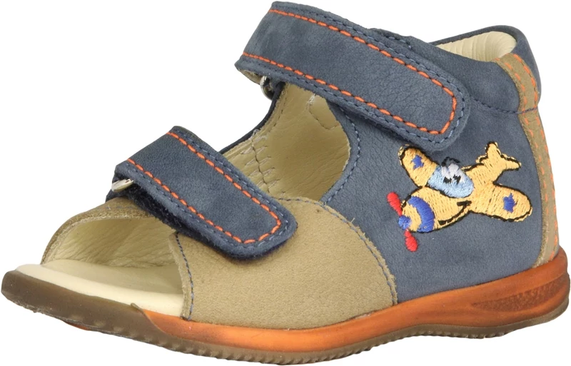 Szamos, kék-barna színű, hímzett repülővel díszített  gyerekszandál fiúknak.