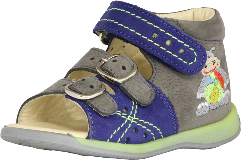 Szamos, szürke-kék színű, hímzett vízilóval díszített  gyerekszandál fiúknak.