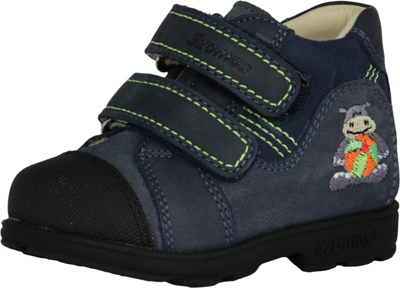 Szamos, supinált talpú, kék , viziló mintával díszített, átmeneti gyerekcipő fiúknak.