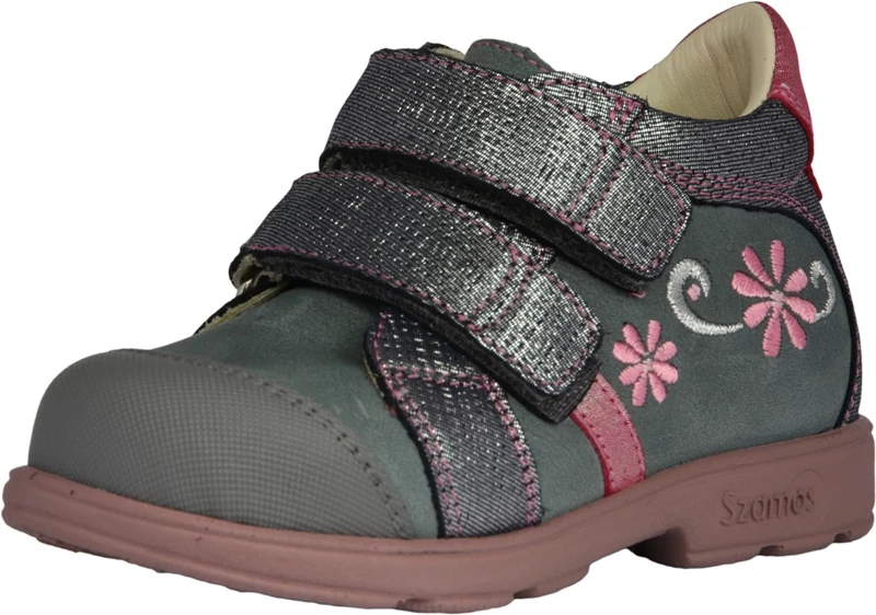 Szamos, supinált talpú, kék , virág mintával díszített, átmeneti gyerekcipő lányoknak.