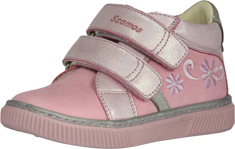 Szamos, rózsaszín, hímzett virág mintával díszített átmeneti gyerekcipő lányoknak.