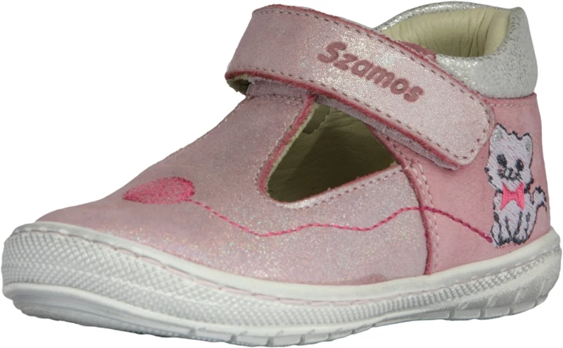 Szamos, rózsaszín, hímzett cica mintával díszített tavaszi gyerekcipő lányoknak.