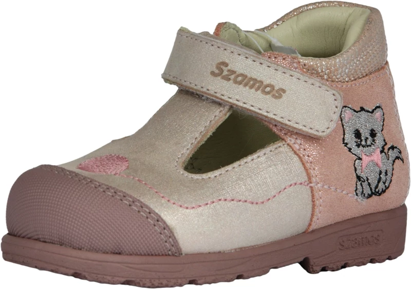 Szamos,supinált talpú, bézs színű, cica mintával díszített, tavaszi gyerekcipő lányoknak