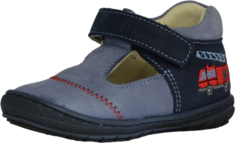Szamos, kék színű, hímzett tűzoltóval díszített tavaszi gyerekcipő fiúknak.