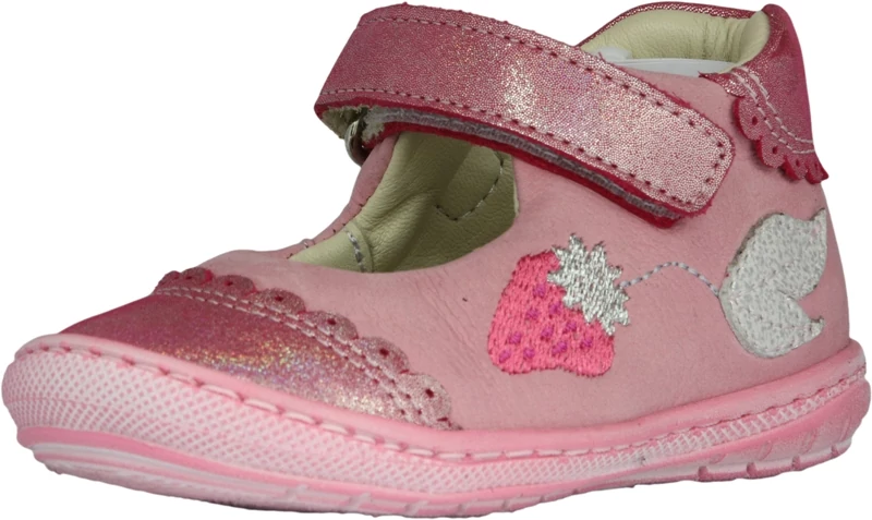 Szamos, rózsaszín, hímzett eper mintával díszített tavaszi gyerekcipő lányoknak.