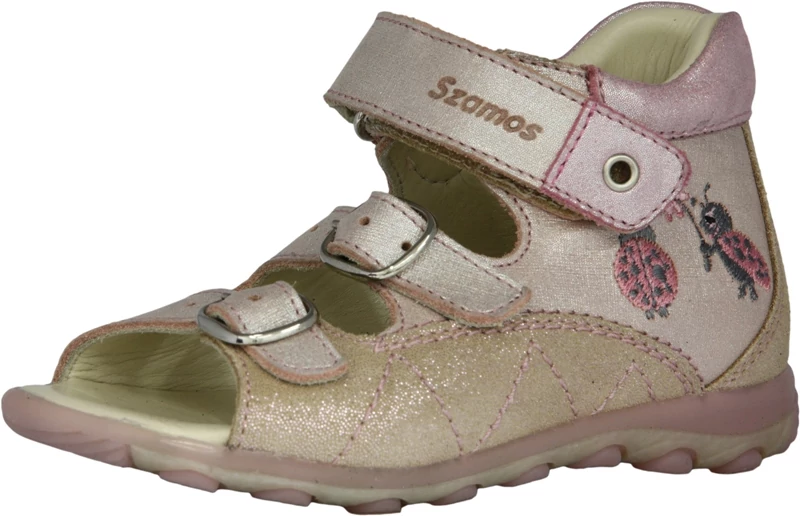 Szamos, rózsaszín-bézs, hímzett katicabogarakkal díszített gyerekszandál lányoknak.