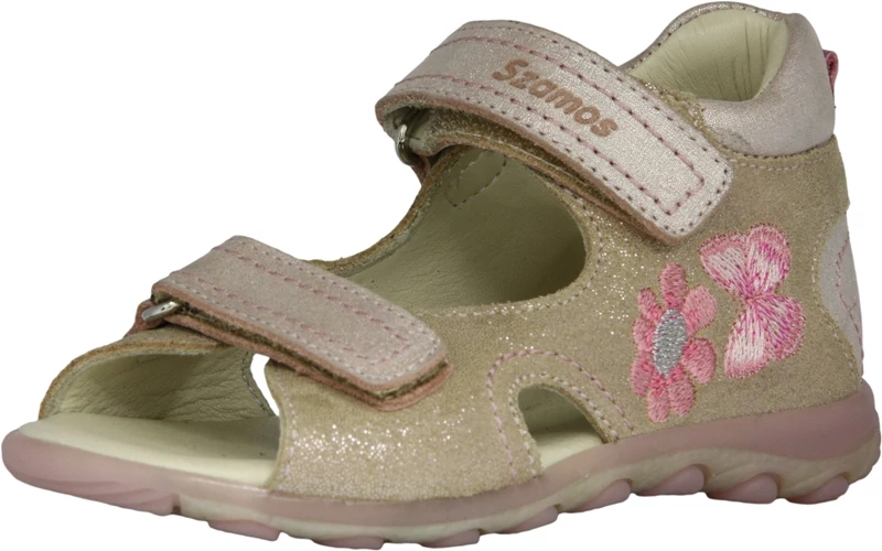 Szamos, rózsaszín-bézs, hímzett virág és pillangó mintával díszített gyerekszandál lányoknak.