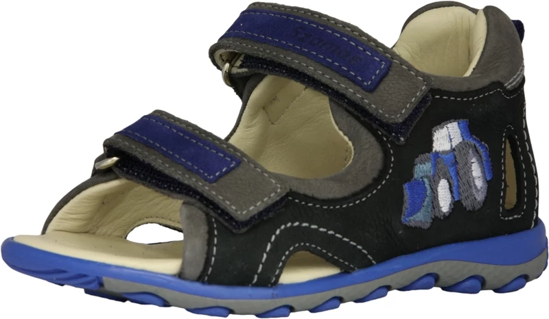 Szamos, fekete-szürke, hímzett traktor mintával díszített gyerekszandál fiúknak.