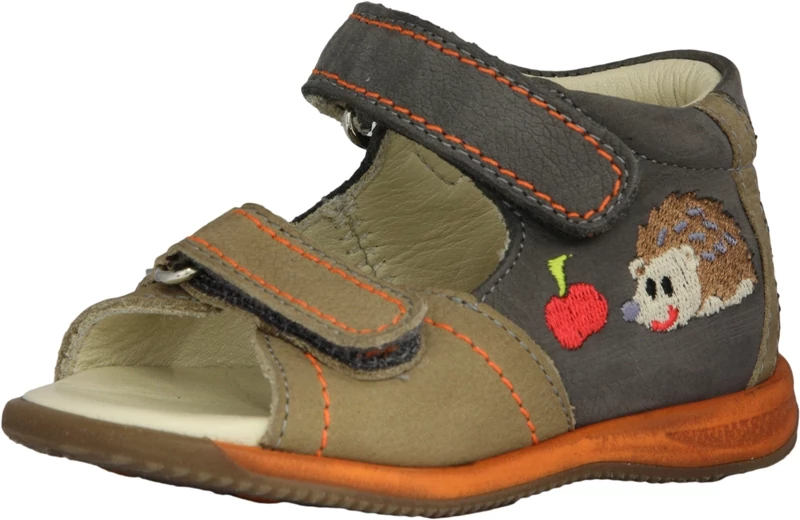 Szamos, barna-szürke , hímzett süni mintával díszített gyerekszandál fiúknak.