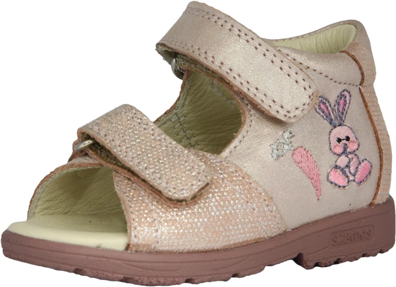 Szamos, supinált talpú, bézs, hímzett nyuszi mintával díszített gyerek szandál lányoknak.