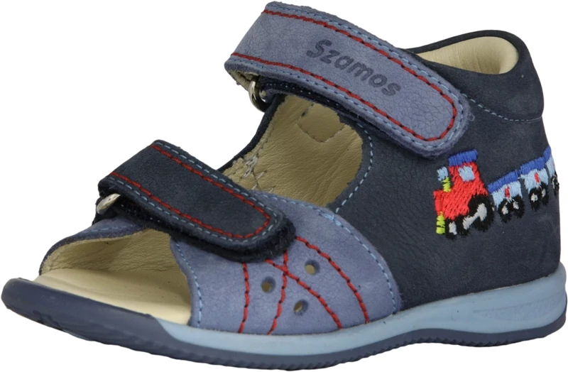 Szamos, kék , hímzett vonat mintával díszített gyerekszandál fiúknak.