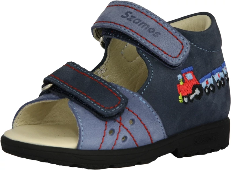 Szamos, supinált talpú, kék, hímzett vonat mintával díszített gyerek szandál fiúknak.