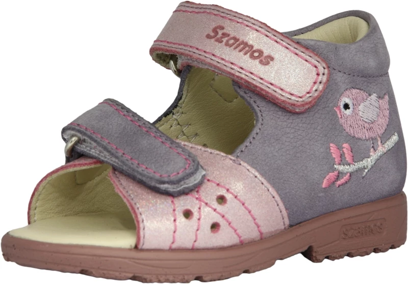 Szamos, supinált talpú, lila-rózsaszín, hímzett madár mintával díszített gyerek szandál lányoknak.