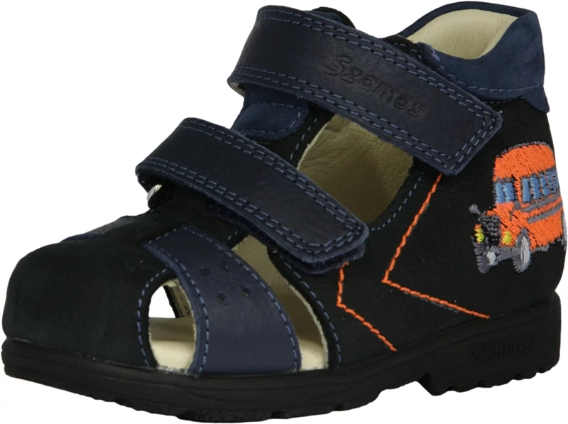 Szamos, supinált talpú, kék, hímzett busz mintával díszített gyerek szandál fiúknak.