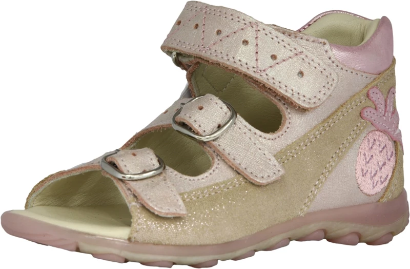 Szamos, rózsaszín-bézs, hímzett ananász mintával díszített gyerekszandál lányoknak.