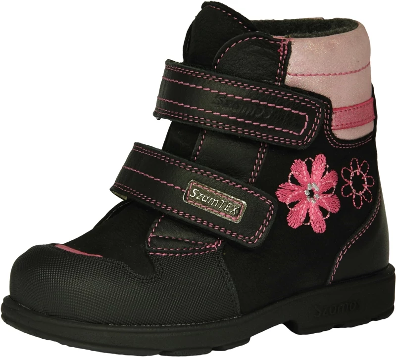 Fekete, rózsaszín virágos szamos supinált bakancs lányoknak