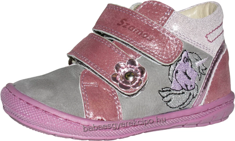 Szamos, szürke-pink, Unikornissal díszített, két tépőzáras átmeneti gyerekcipő lányoknak