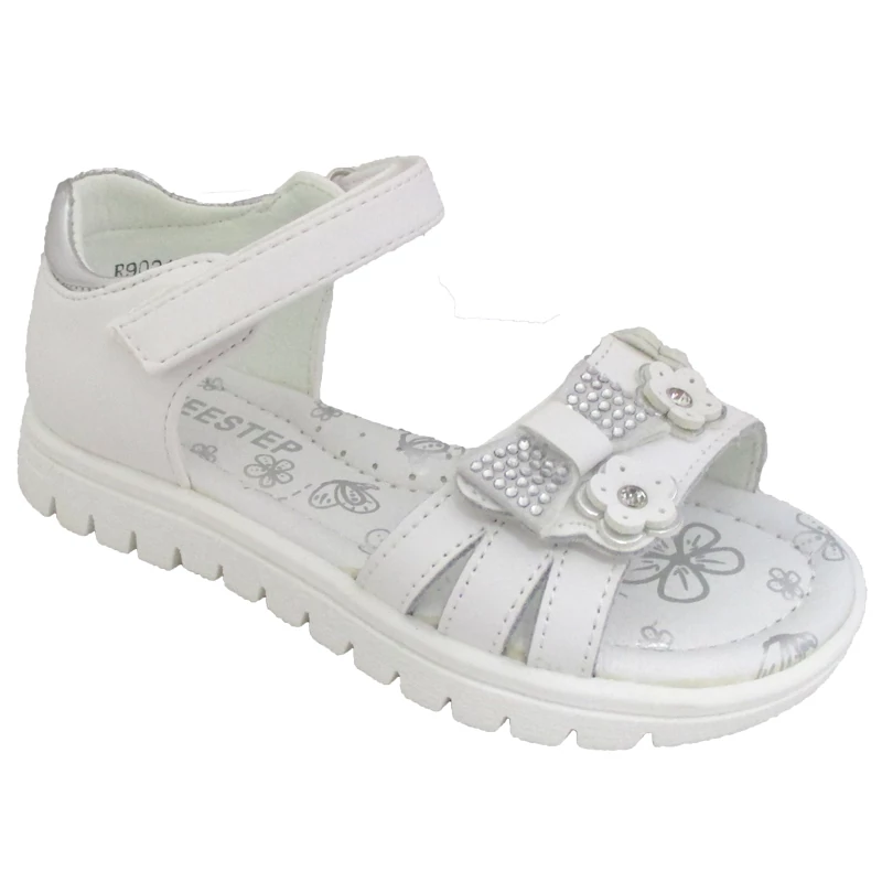 Weestep, fehér színű, masnival és virágokkal díszített gyerek szandál lányoknak.